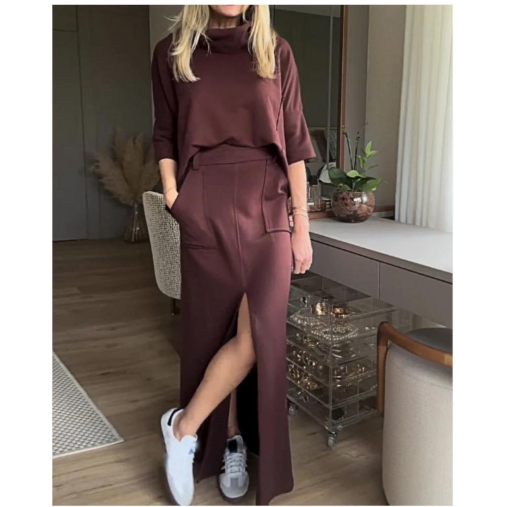 New Women's Autumn and Summer Solid-color Casual Loose Pocket Sweatshirt Straight Skirt Set