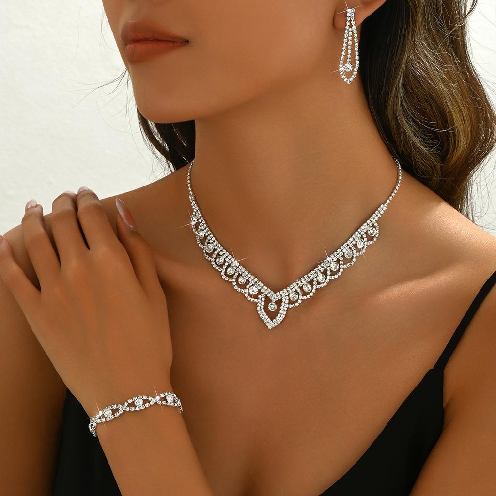 Lace Circle Rhinestone Women's Silver Necklace Earrings Bracelet Ring Four-piece Wedding Photography