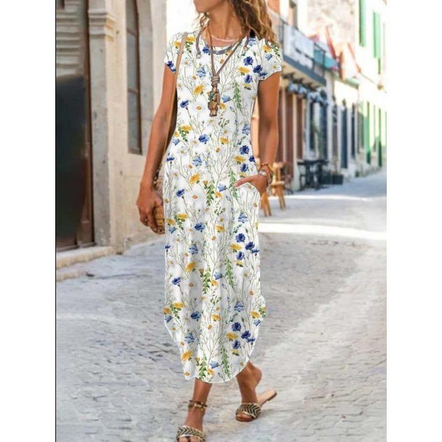 YYFS Women's Fashion Summer Spring Flower Pattern Print Short Sleeve O-Neck Loose Waistline Casual Dresses