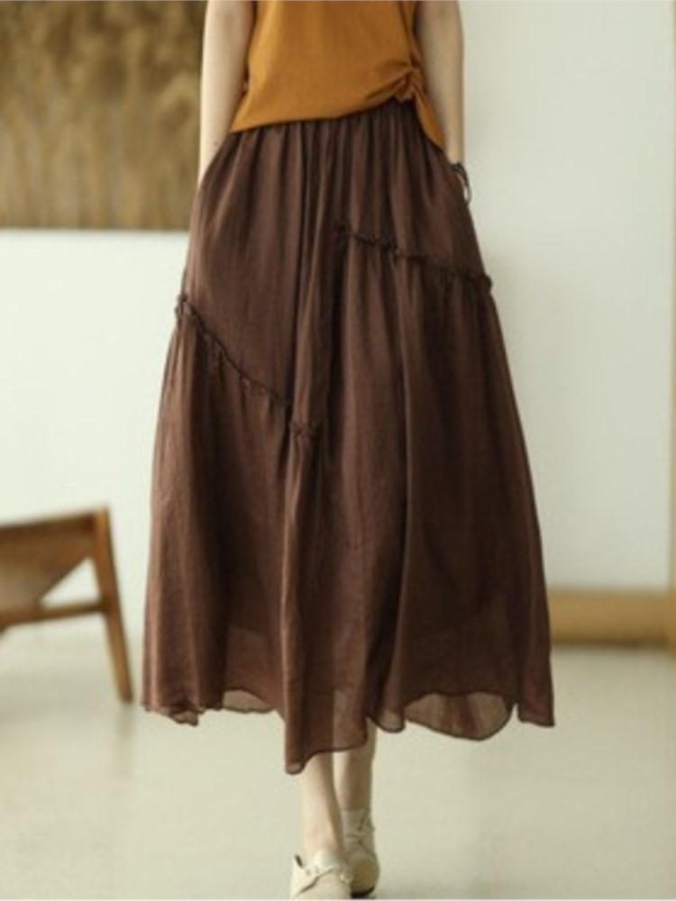 

Johnature Women Patchwork Vintage Skirts Elastic Waist Solid Color High Quality Cloths Soft Women A-Line Skirts One Size кавовий