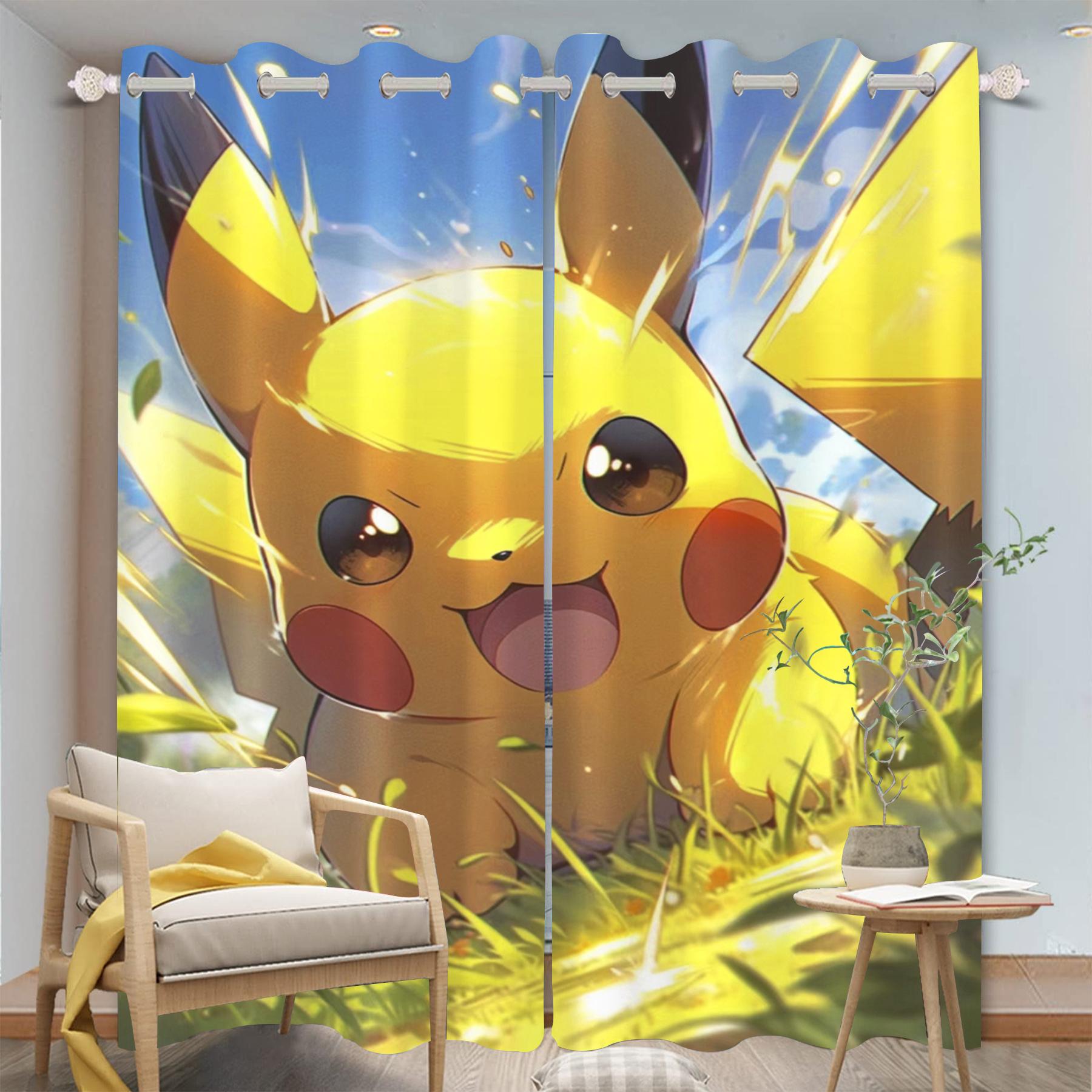 Miniso Cartoon Pikachu Gordijnen Woonkamer Geanimeerd Isable Slaapkamer Premium Gordijn Lichtblokkerend Polyester Ideaal Voor Zitten W100*H160(CM)-Hooks&2PCS