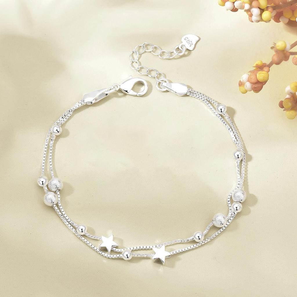 925 Sterling Silver Layered Heart Beaded Bracelets for Women and Teens | Fashion Link Chain Bracelet | Great Jewelry Gift