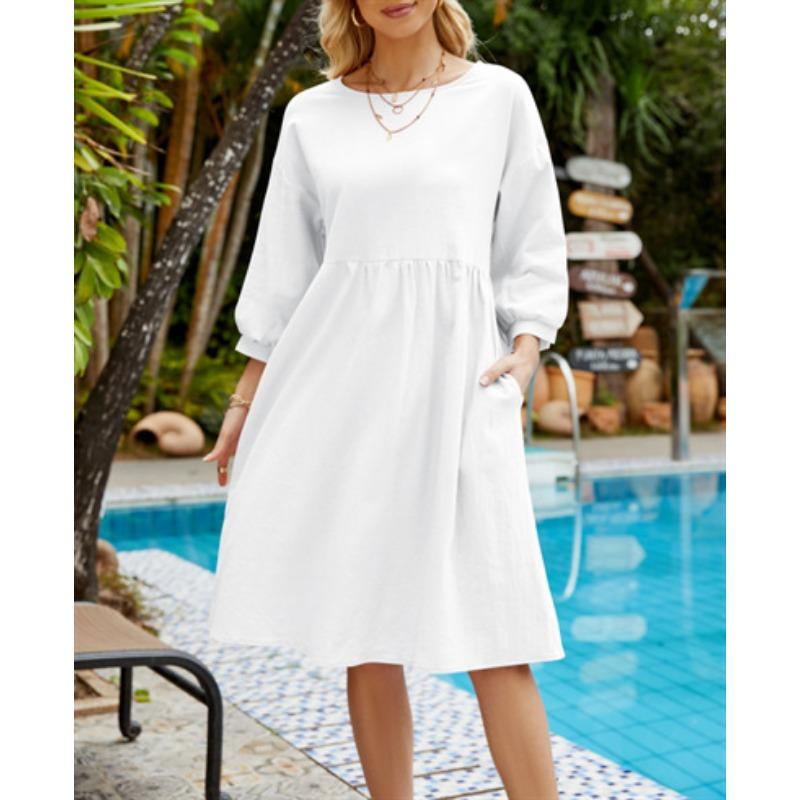 New Women's Solid Color Fashionable Sleeve Loose Cotton Linen Dress
