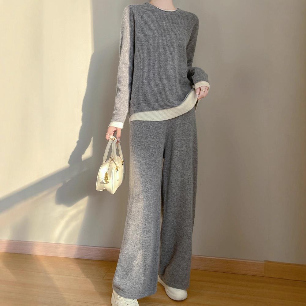 Women's Wool Suit: Two-Piece Look, Autumn/Winter, Versatile High-Quality Sweater and Pants, Lazy Style