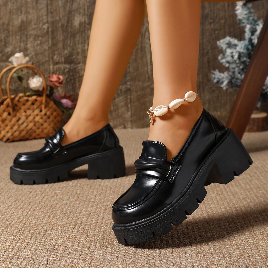 Autumn new women's single shoes fashionable versatile platform loafer first layer cowhide black professional British women's leather shoes