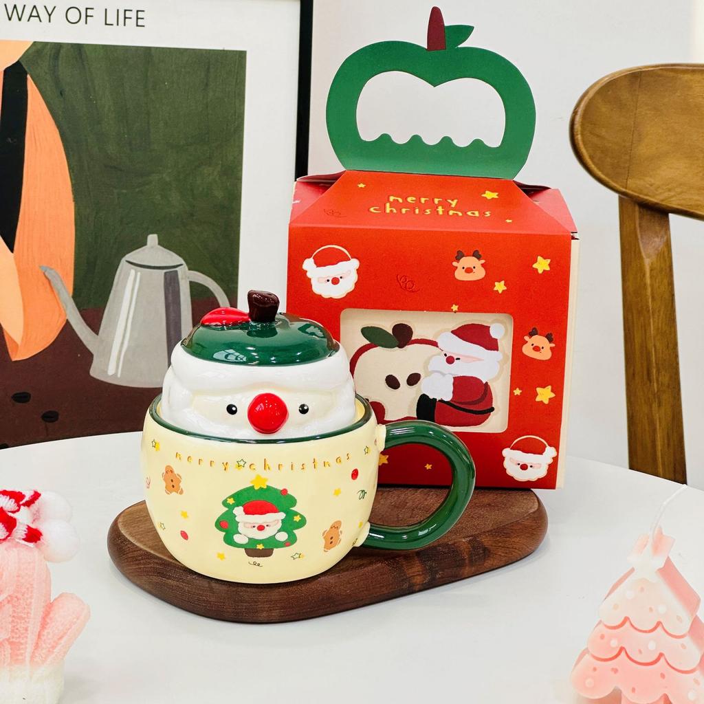 Neues Produkt mit Deckel Weihnachtsapfel Keramiktasse Hochwertiges Set Becher Souvenir Cartoon Niedlich Handbecher Geschenk