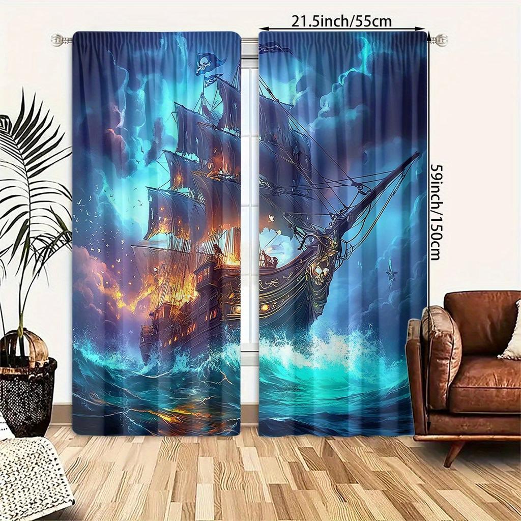 2er Set HD Meereswellen Segelboot Druck Vorhänge - Lichtdurchlässig, Stangentasche Design für Schlafzimmer, Wohnzimmer, Büro Dekor - Langlebig
