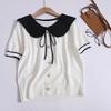 Korean Version Contrasting Doll Neck Knitted Base Shirt Women's Spring and Autumn Chic Bow Tie Short Top