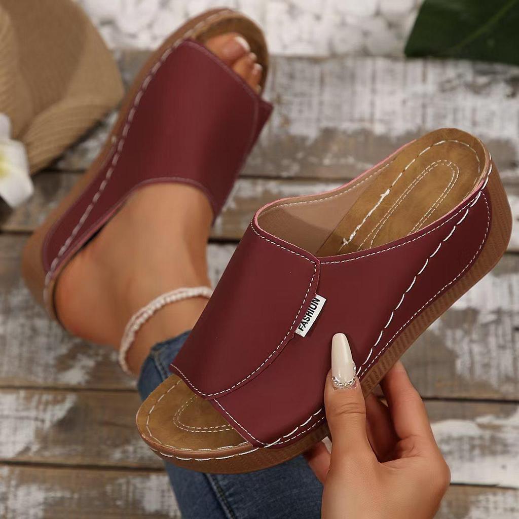 Large Size 43 with Sloping Heel and Thick Bottom Fish Mouth Sandals, Summer Beach Open Toed Shoes with Rocking Line