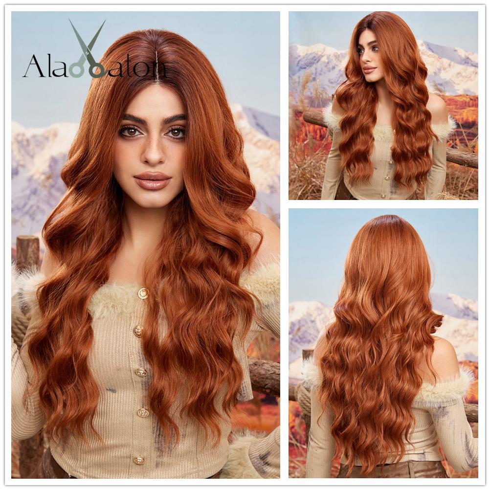ALAN EATON Hairline Lace Wigs Ombre Brown Blonde Synthetic Long Wavy Wigs Dark Root  for Women Cosplay High Density Hair Wig