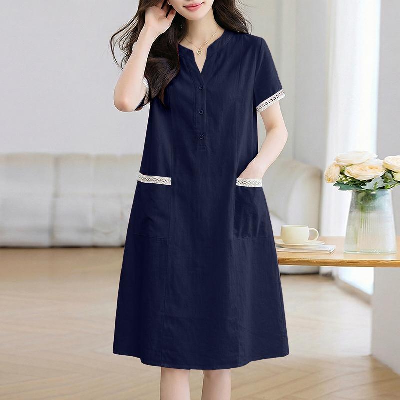 ZANZEA Women Casual V-Neck Lace Splice Short Sleeve Loose Dress S тёмно-синий