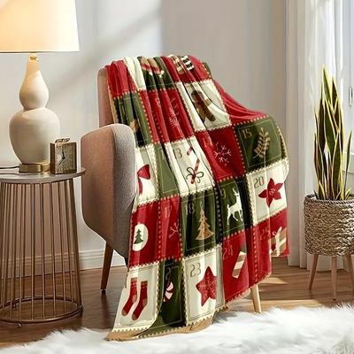 Retro Xmas Flannel Blanket Multiple Sizes 2D Print Snowflake Reindeer Pattern Couch Office Camping Trip Warm Decor