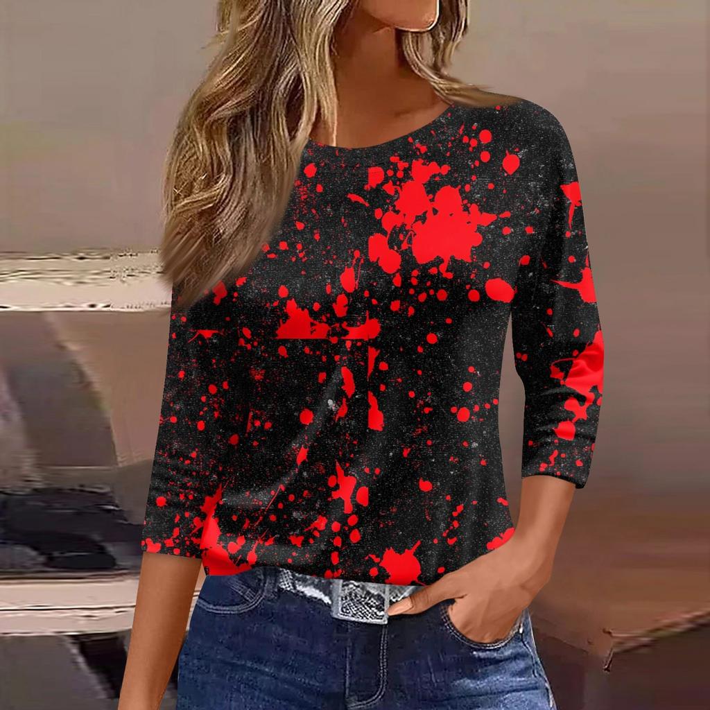 Dame Mote Casual Trekvartsermet Halloween Trykket Rund Hals Topp