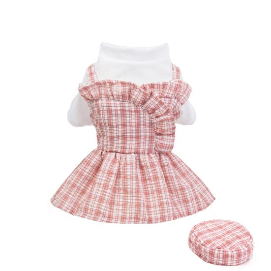 

2 шт./компл. Одежда для питомцев в клетку, приятная к коже, дышащая, основной комплект платья и шляпы для питомца-собаки на лето L