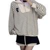Fall New Korean Style Striped Embroidered Half Zipper Pullover Polo Neck Hoodie Women'S Long Sleeve Top Ins