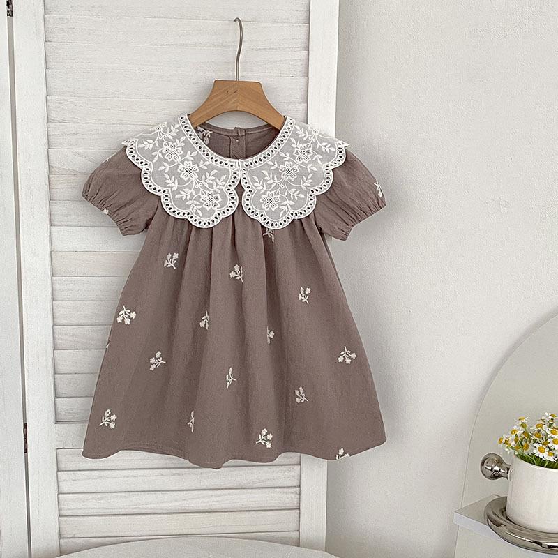 Girls' Dresses, Summer Cotton Short-sleeved Lace Collar, Baby Girls, Western Style Embroidered Dresses, Children's Princess Dresses