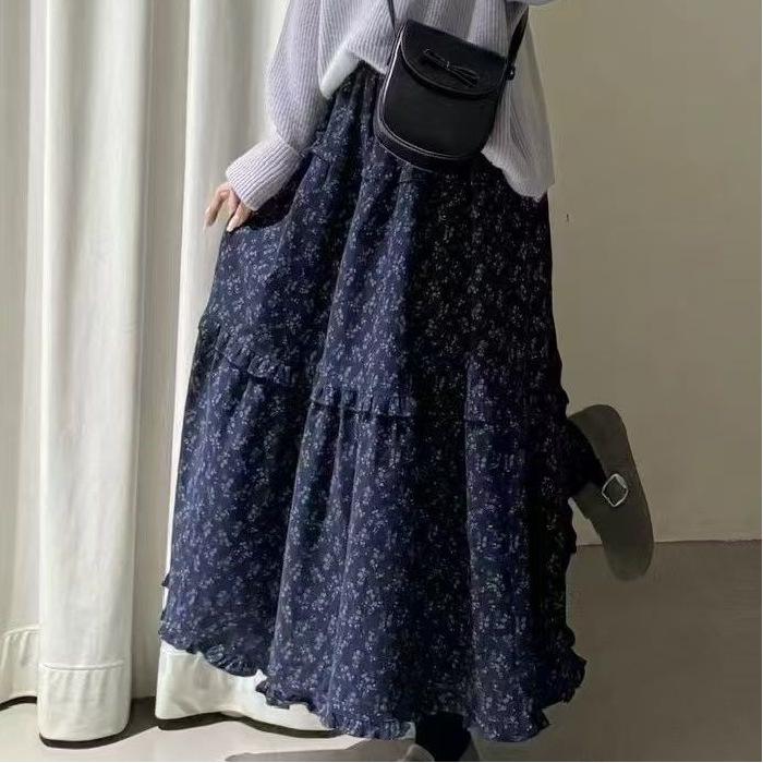 Douyin Purple Floral Elastic Waist Midi Skirt - Autumn Mori Style, High Waist, Slimming, Retro Elegance