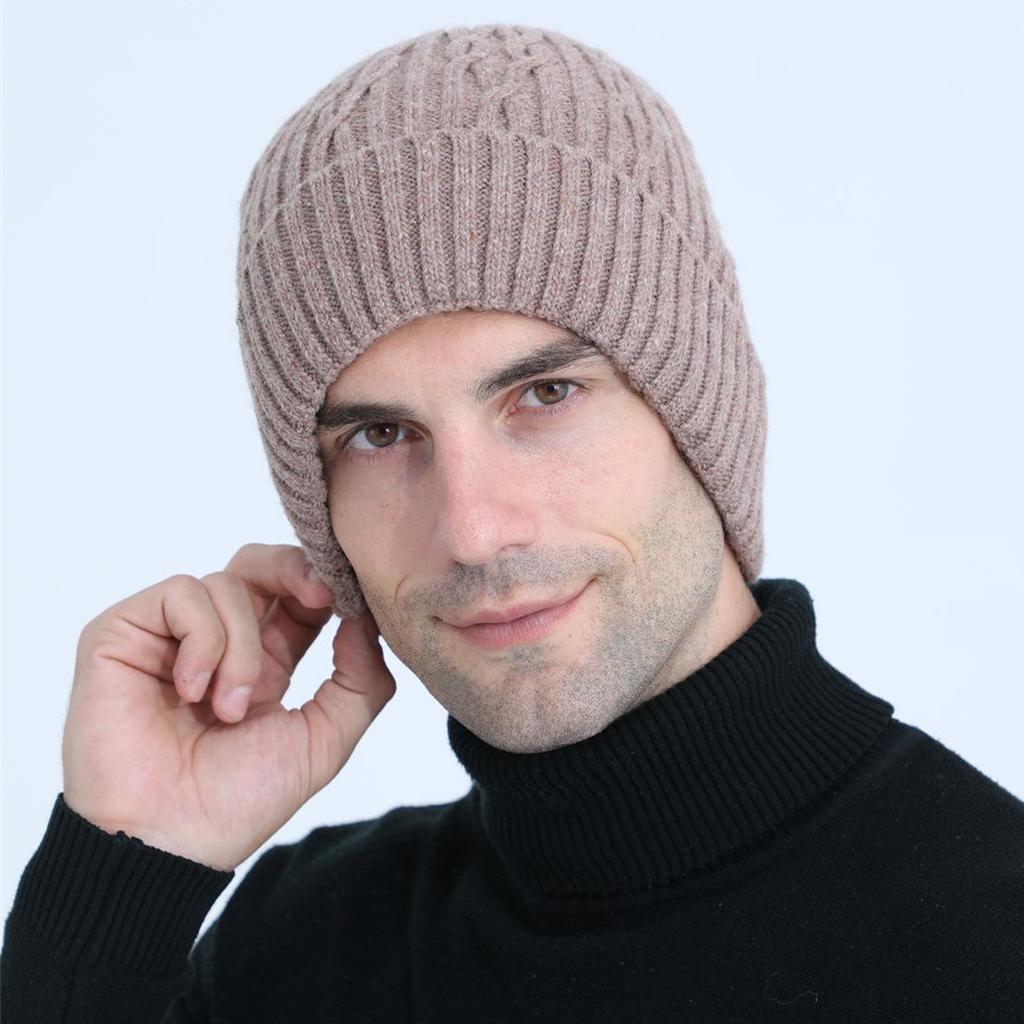 New Plus Velvet Men's Solid Color Knitted Pullover Cap Autumn and Winter Warm Cycling Ear Protection Cap