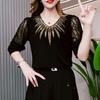 Women Summer V-Neck Half Sleeve Mesh Patchwork T-shirt Black Pullover Elegant Bottoming Shirt