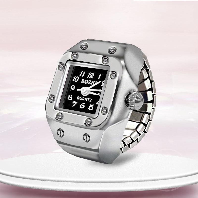 Fashion Mini Quartz Watch Clock Finger Rings for Men Women Elastic Strap Punk Gothic Couple Roman Ring Jewelry Gift