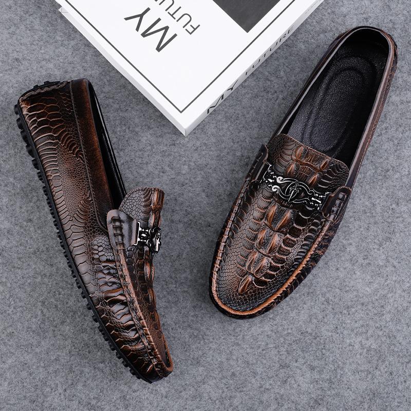 Spring Summer Mens Slip On Shoes Casual Leather Men Loafers Moccasins Driving Shoes Crocodile Pattern Man Walking Flats