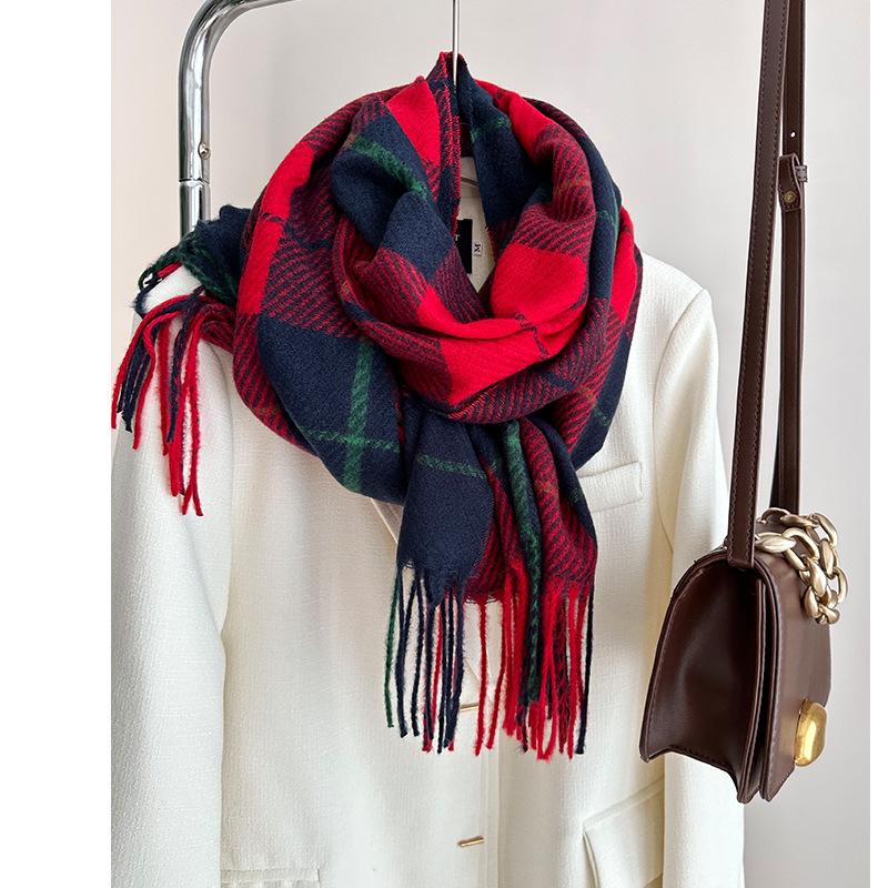 Red and Green Plaid Imitation Cashmere Scarf Autumn and Winter Couple Warm Fringed Big Shawl Tide