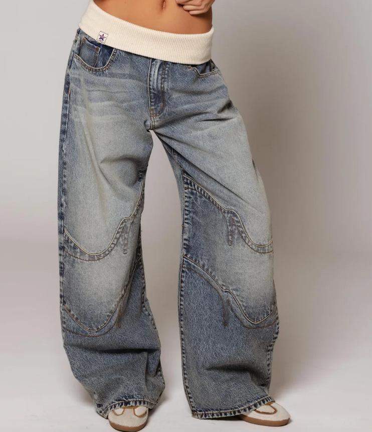 2026 Retro Street Style Washed Blue Denim Women s Pants with Unique Back-bend Design L