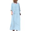Women's Fashion Solid Color Round Neck Cotton Linen Long Sleeved Casual Pleated Double-sided Pocket Dress