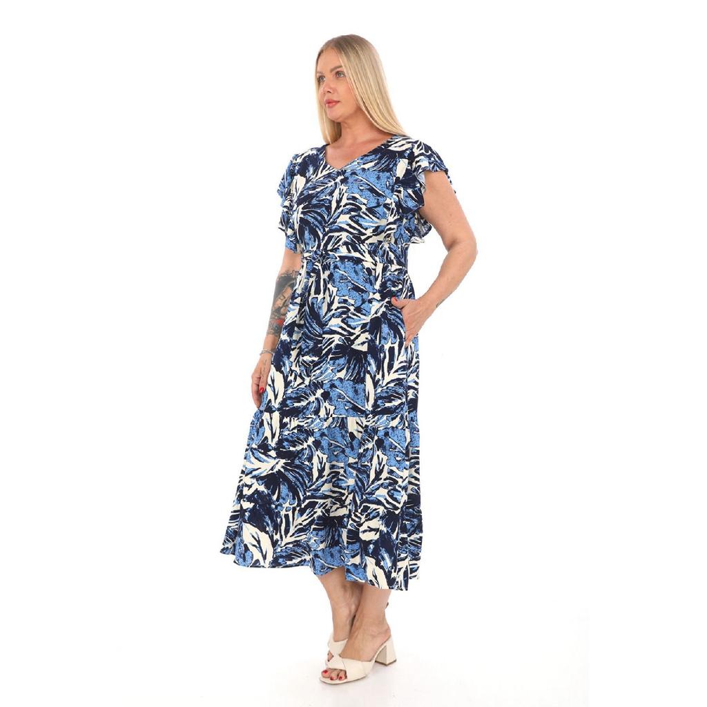 Flounce Sleeves Crew Neck Belted Floral Patterned Long Viscose Dress