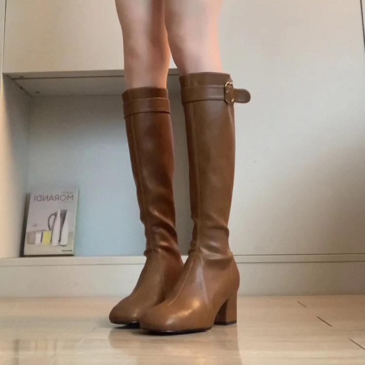 White Gentle High Heel Skinny Boots Women's French Square Head Belt Buckle Back Zipper with Coat Boots