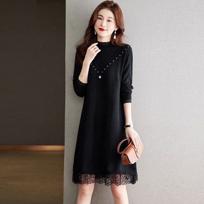 

Кружевное вязаное платье для женщин на осень и зиму большого размера с полувысоким воротником, вязаный свитер, свободное трикотажное платье миди XL чёрный