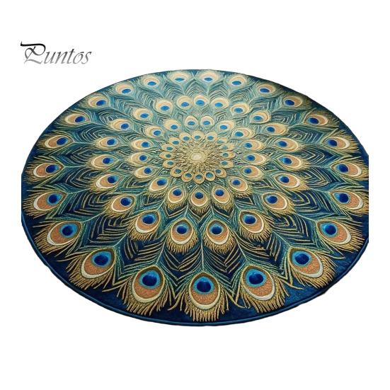 Bedroom Floor Mat Peacock Feathers Area Rug Round Feather Flower Non-Slip Living Room Decorative for Dining