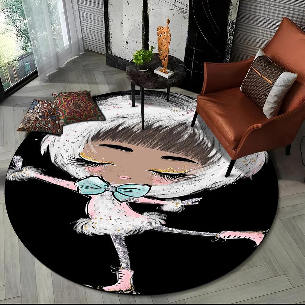 3D Cute Ballet Girl Ballerina Fairy Cartoon Area Rug,Round Carpet for Living Room Bedroom Sofa Decoration,Kid Non-slip Floor Mat