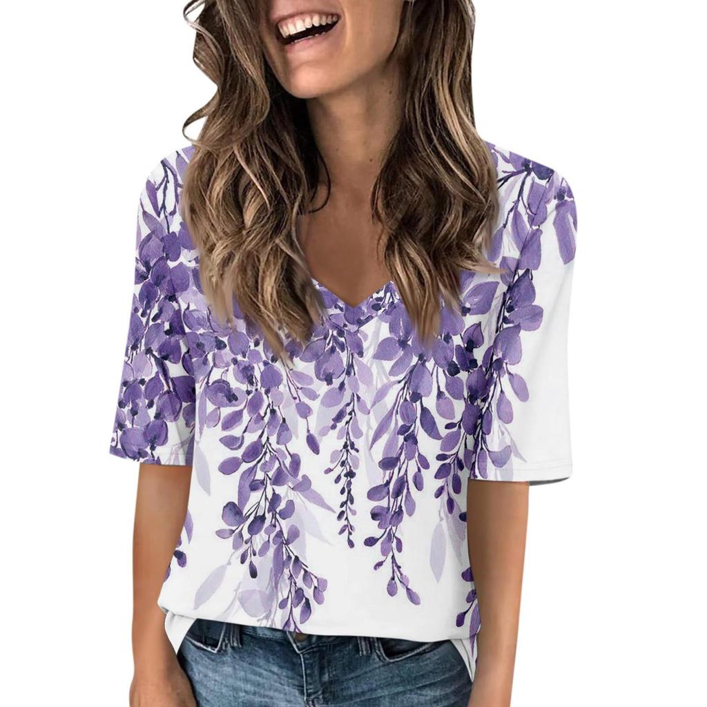 Dámské módní tričko s krátkým rukávem a výstřihem do V s 3D potiskem, letní pohodlné sportovní topy