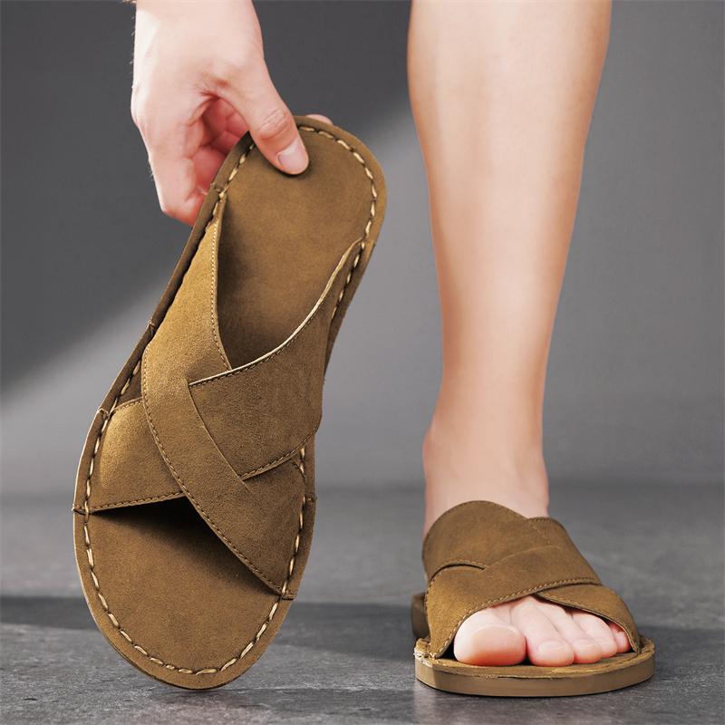 Men Slippers Handmade Simple Flats Brown Suede Sandals Summer Open Toe Beige Beach Shoes Plus Size