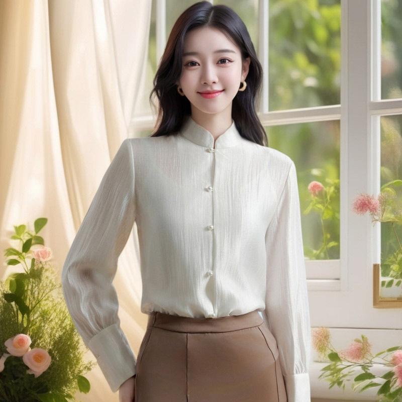 

Новый китайский стиль Топ Весна Новый ретро-стойка воротник рубашка с длинными рукавами Acetic Acid Темперамент Топ высокого класса M белый