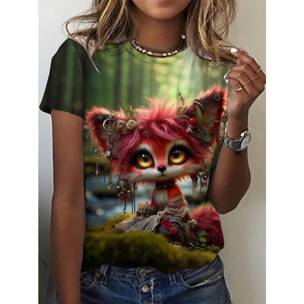 Summer Fashionable Comfortable T-shirt Women's Cute Anima 3D Printed Short Sleeved Round Neck Loose Oversized Soft Slightly Elastic T-shirt