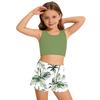 Girls Bathing Suit Set Sleeveless Round Neck Crop Top Wide Elastic Waistband Shorts Beach Swimming Outfit