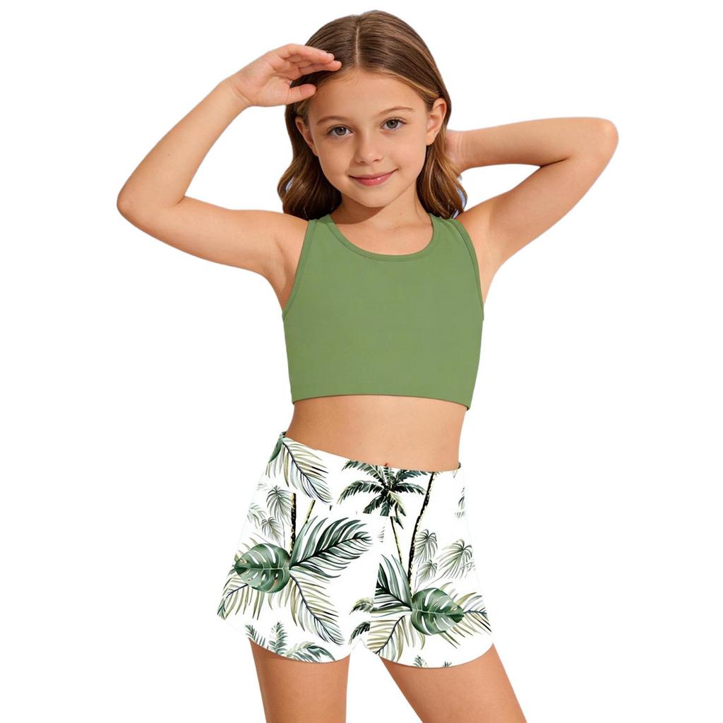 Girls Bathing Suit Set Sleeveless Round Neck Crop Top Wide Elastic Waistband Shorts Beach Swimming Outfit