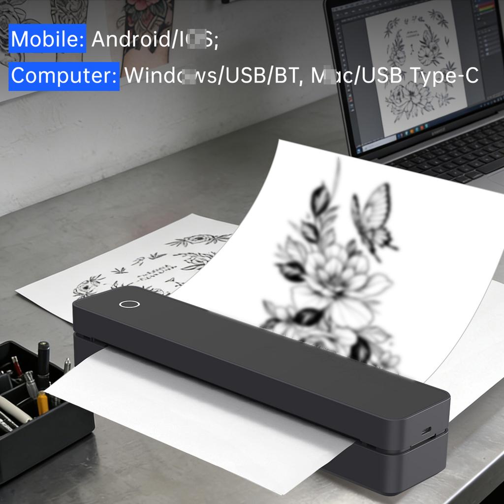 Drukarka termiczna do szablonów tatuażu A4 z obsługą papieru do transferu tatuażu, aplikacja BT dla papieru termicznego 107 mm/210 mm/216 mm/ US Letter