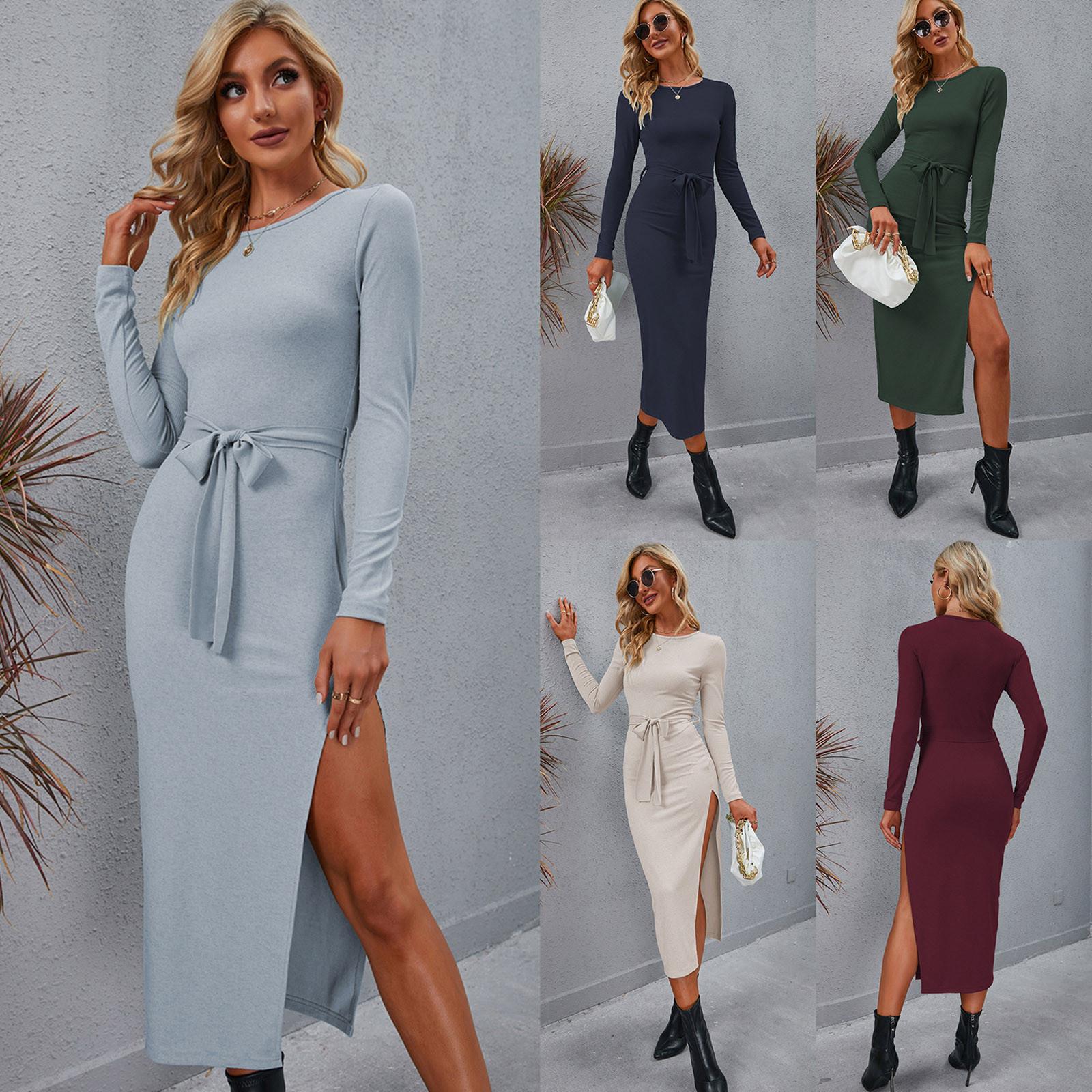 

Женское вязаное сексуальное платье с круглым вырезом и длинным рукавом, облегающая длинная юбка с разрезом