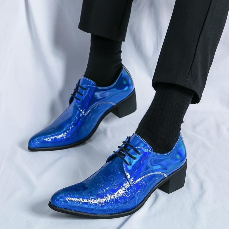 

Men s shoes 2025 new men s pointed leather shoes heightened patent leather glossy casual thick heel loafers hairstylist 46 синий
