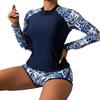 European and American New Boxers Spliced Split Swimsuit Women's Sports Long-sleeved Printed Sexy Surf Swimsuit