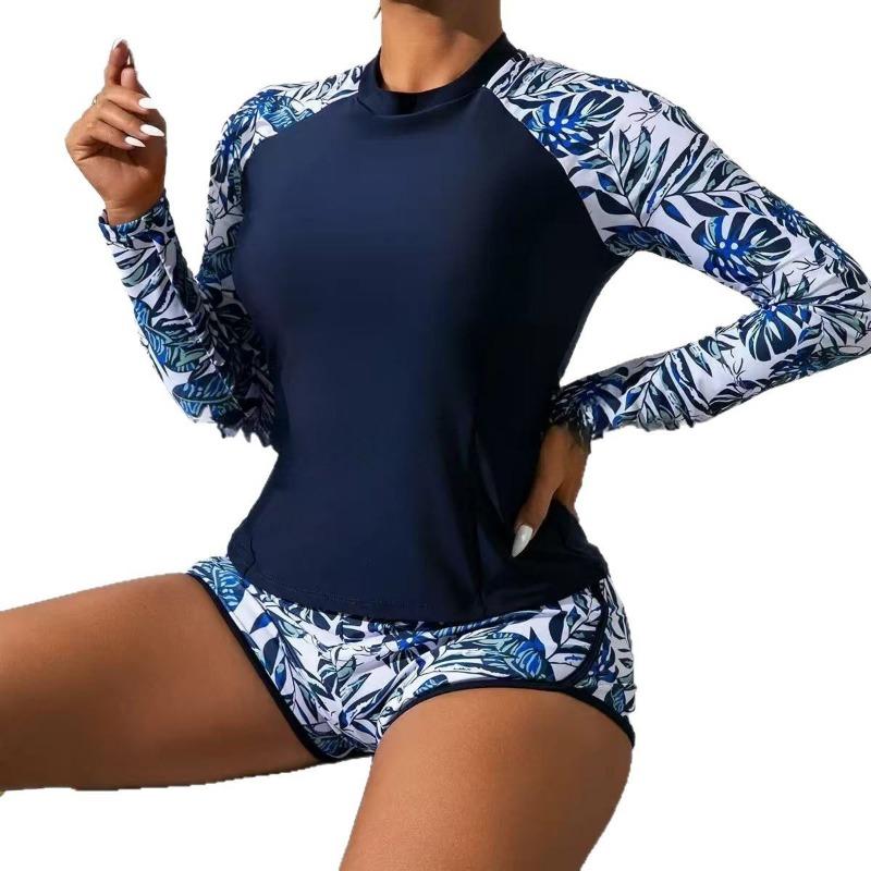 European and American New Boxers Spliced Split Swimsuit Women's Sports Long-sleeved Printed Sexy Surf Swimsuit
