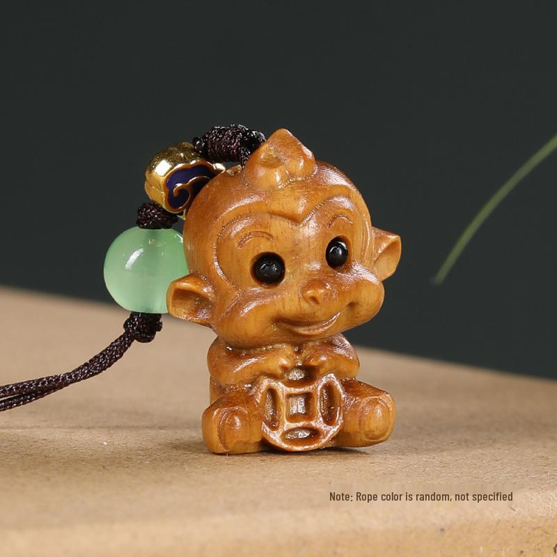 Lucky Monkey Green Sandalwood Carving Keychain & Bag Pendant - Zodiac Monkey Ornament Lanyard
