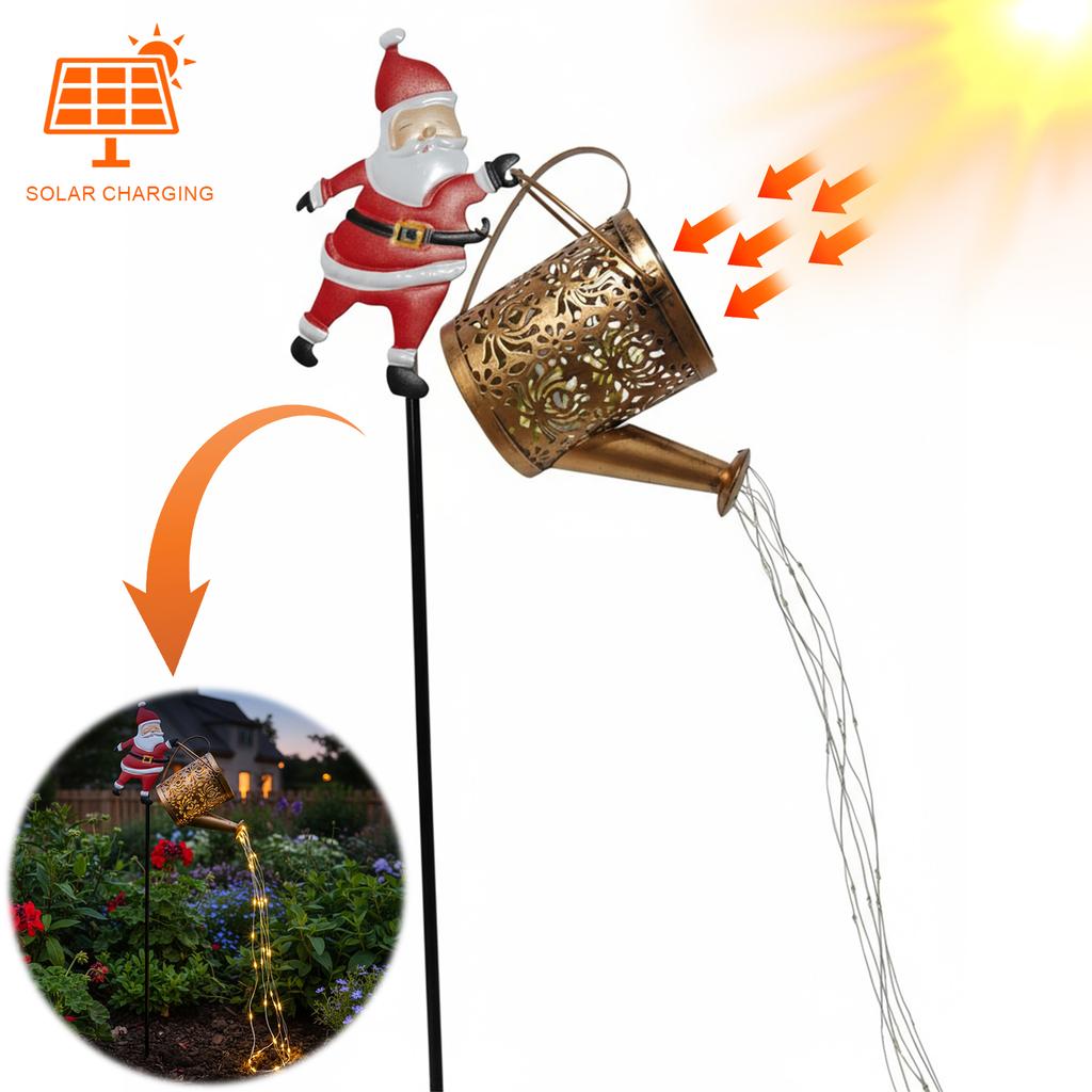 Solar Santa Claus Watering Can with LED Light Garden Lawn Christmas Lights for Outside Patio Yard Christmas Gardening Gifts