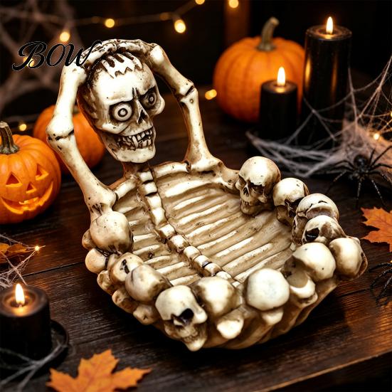 Gothic Jewelry Storage Skull Ashtray, Resin Spooky Tray, Realistic Bone Texture Functional Desk Organizer Candy Dish, for Home Bar Desktop Tabletop