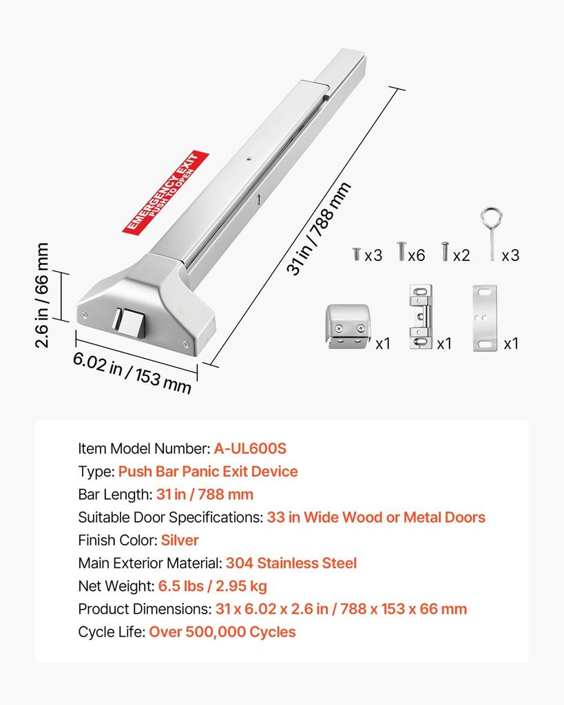 Push Bar Panic Exit Device, 788 Mm Stainless Steel Commercial Panic Bar for Exit Doors, Emergency Exit Door Hardware with Dual Locking Bolt and