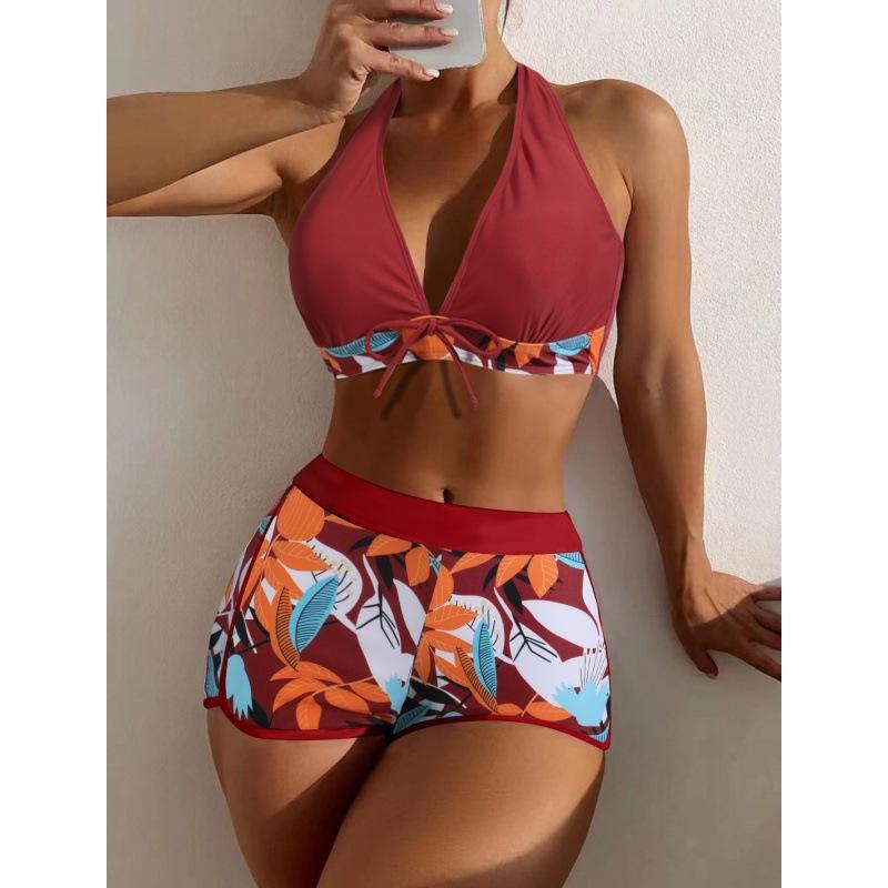 Women's Bikini Swimsuit Set Sexy High Waisted Beach Shorts Bow Tie Backless Underwear Tropical Style Beachwear for Swimming and Surfing