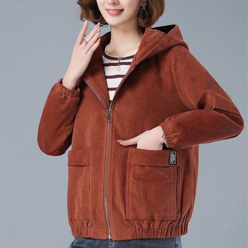 Short Corduroy Spring Coat Womens Autumn New Korean Loose Solid Hooded Jacket Fashion Casual Female Zipper Coat Tops